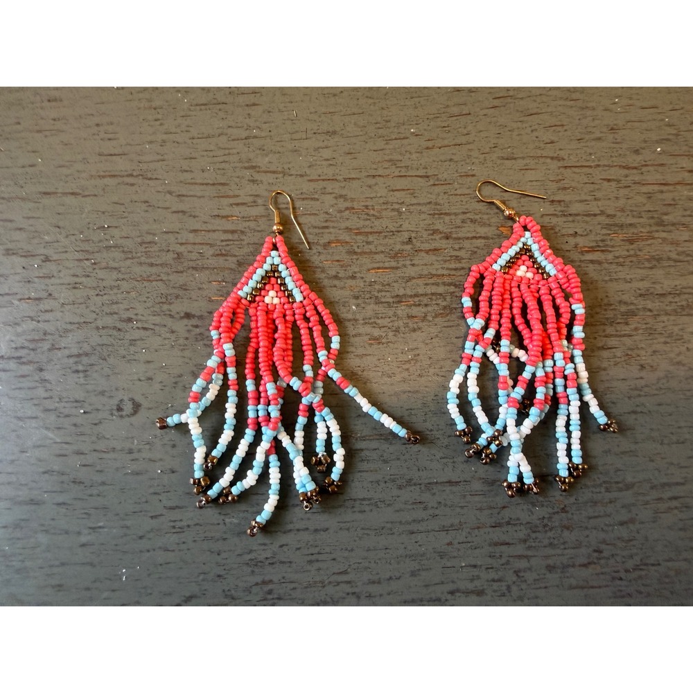 Handmade Beaded Fringe Earrings Coral Blue White Southwestern Boho Dangle